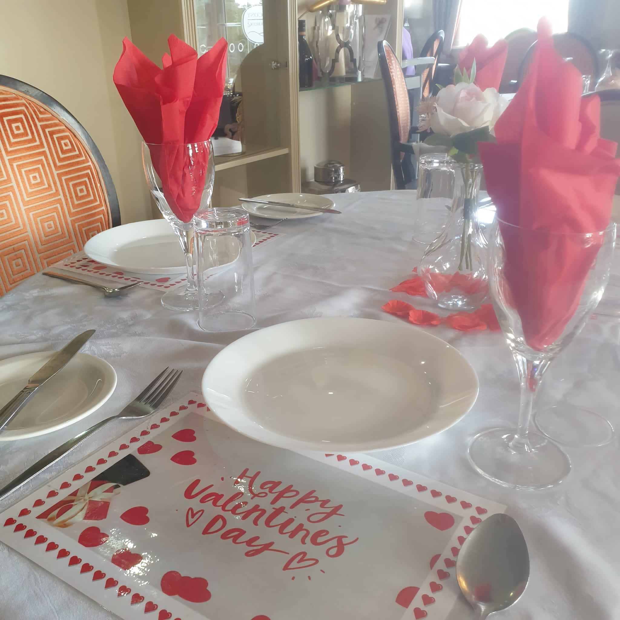 Table decorations for Valentines Day at The Porterbrook Care Home