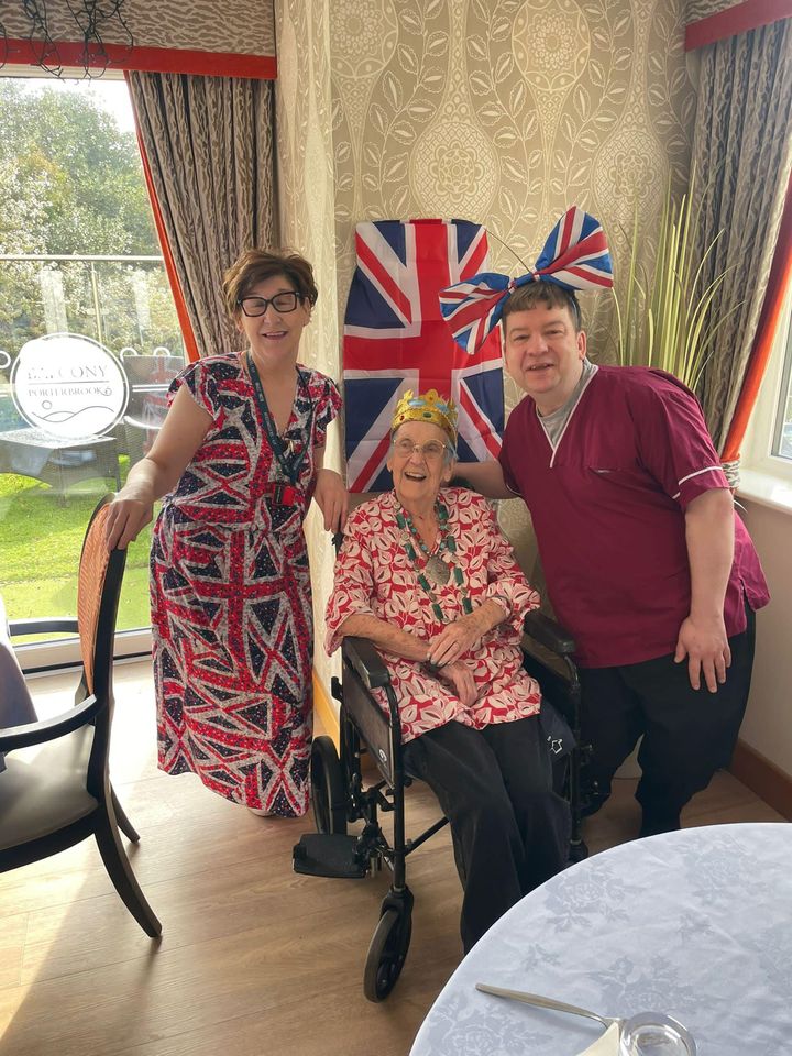 A resident and our team at our Kings Coronation special lunch at The Porterbrook Care Home