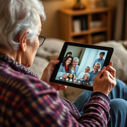 senior on a group call with loved ones