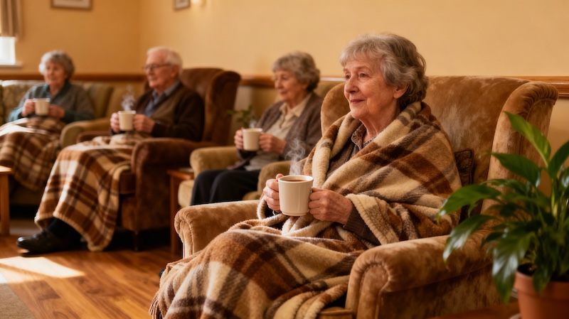 4 residents wrapped in blankets sat in armchairs with hot drinks in their hands